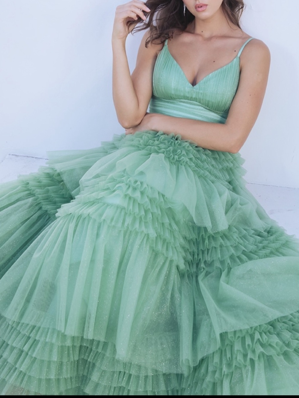 Mint Green Ruffled Tulle Prom Dress with V-Neck Bodice